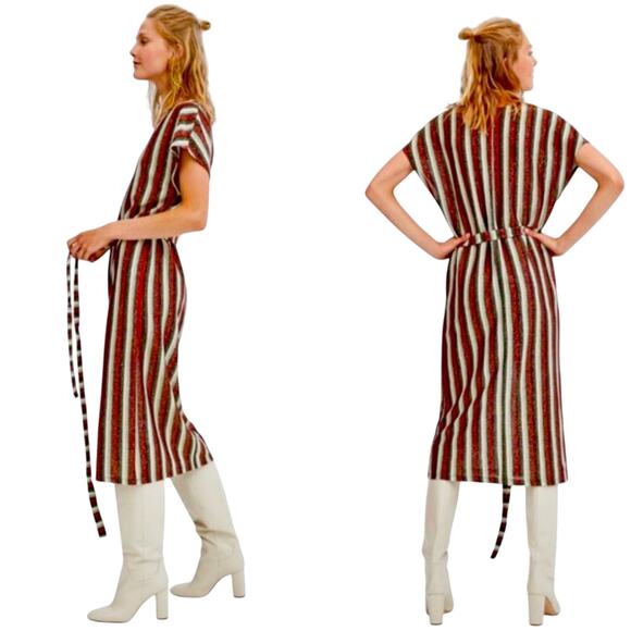 Zara Metallic Striped Belted Midi Dress V-Neck Size M - Picture 2 of 16